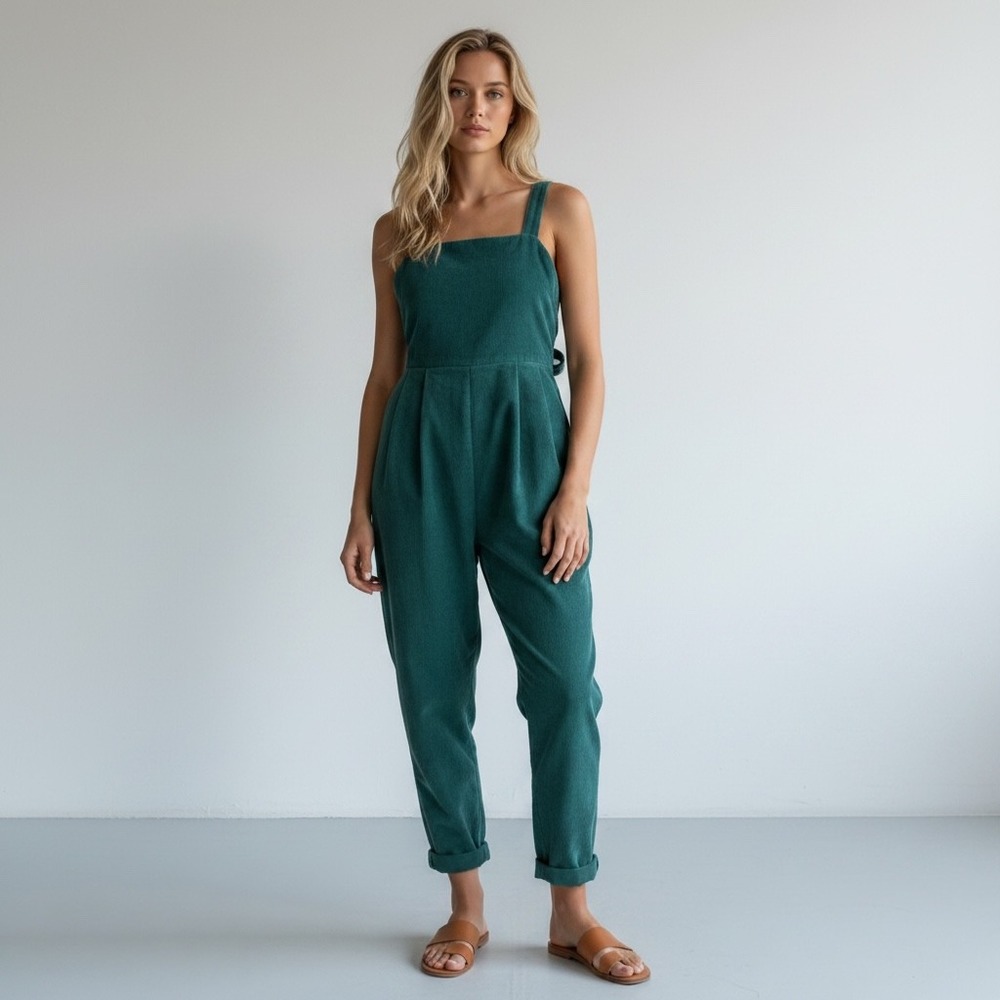Free People Josephine Teal Green Corduroy Sleeveless Tie Back Jumpsuit Small